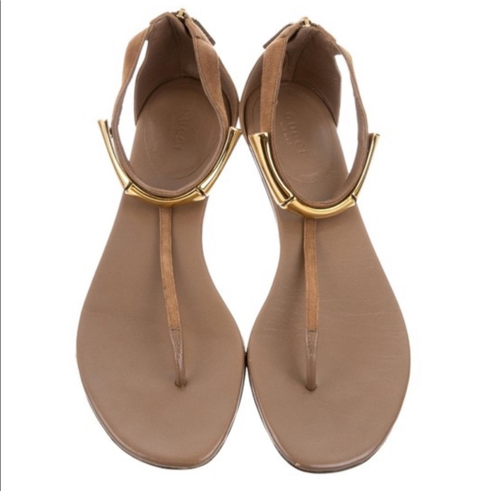 GUCCI Brown Leather and Gold T-Strap Sandals